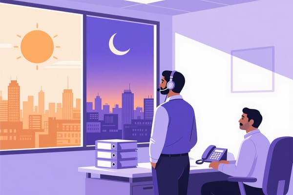 Illustration of a collections team lead looking at a window split between a sunny daytime city and the same city at night: recovery calls belong in the permitted daytime hours