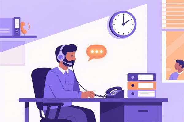 Illustration of a telecaller at a desk with a headset, a wall clock and a desk phone: most of the working day is spent waiting, not talking